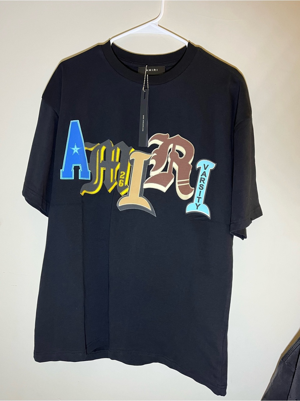 AMIRI Black Crewneck Tee with Multicolor Varsity Patch